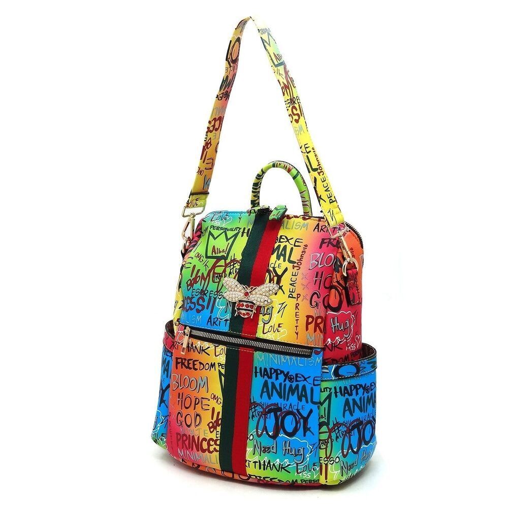 Women Bee Strip Accented Graffiti Fashion Multi Purpose Backpack - Picture 8 of 13
